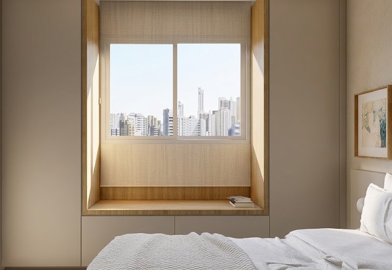 Quarto do Apto Tai com nicho de janela e vista para a cidade