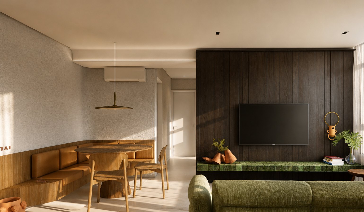 Sala integrada do Apto Tai, com sofá verde, painel de madeira e mesa de jantar