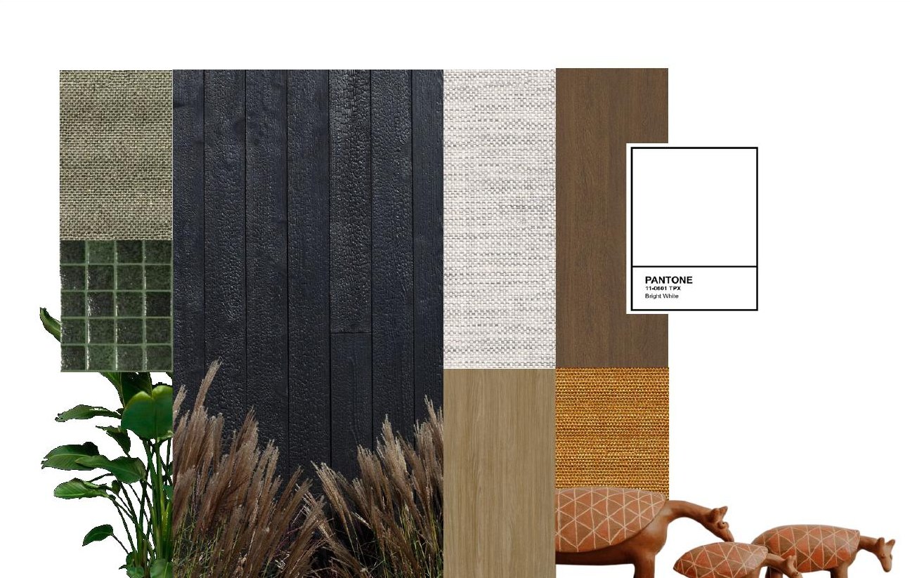 Moodboard do Apto Tai — texturas em linho, madeira, azulejo e Pantone Bright White
