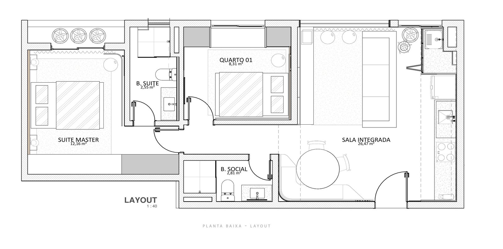 Planta baixa do Apto Tai — suíte master, quarto 01, banhos e sala integrada