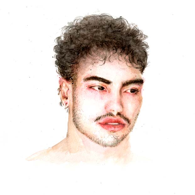 Alma — retrato em aquarela de rosto com cabelos cacheados