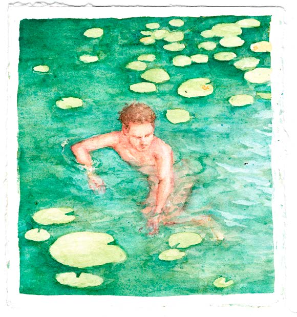 N1 — aquarela de figura nadando entre vitórias-régias