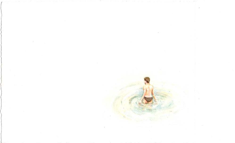 T1 — aquarela de pequena figura na água sobre grande área de papel em branco