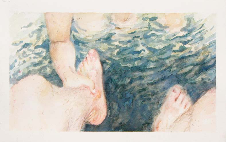 T2 — aquarela de pés na água em tons de verde e azul