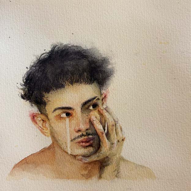 T261 — aquarela de rosto amparado por uma mão