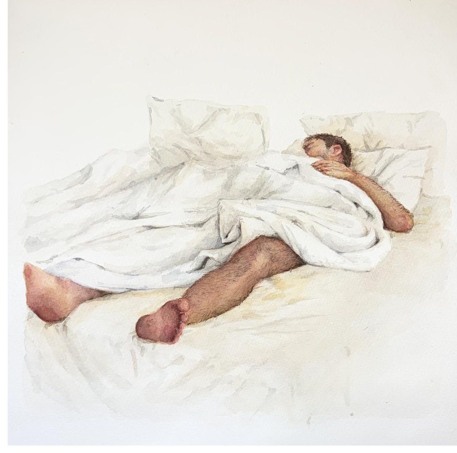 Aquarela de figura adormecida entre lençóis brancos