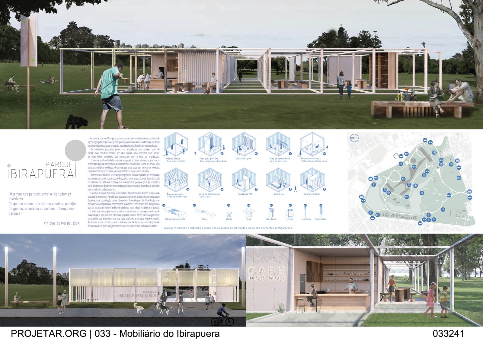 Prancha completa do concurso Mobiliário do Ibirapuera — render principal, ilustrações dos módulos, implantação e perspectivas