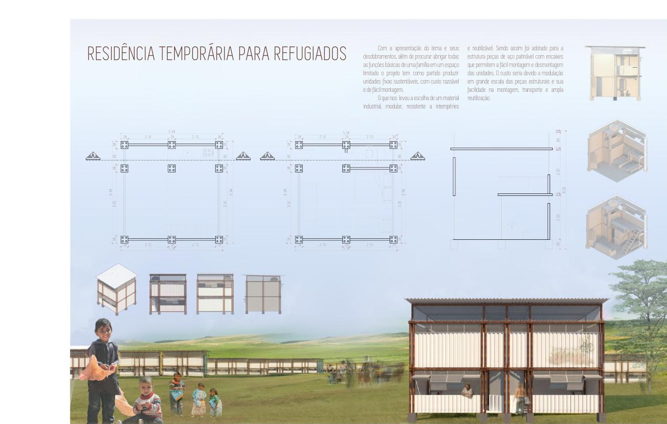 Prancha do projeto Residência Temporária para Refugiados, com módulos em aço patinável