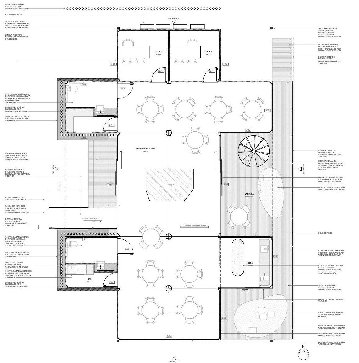 Planta de layout executiva, com especificações de fornecedores (Revit)