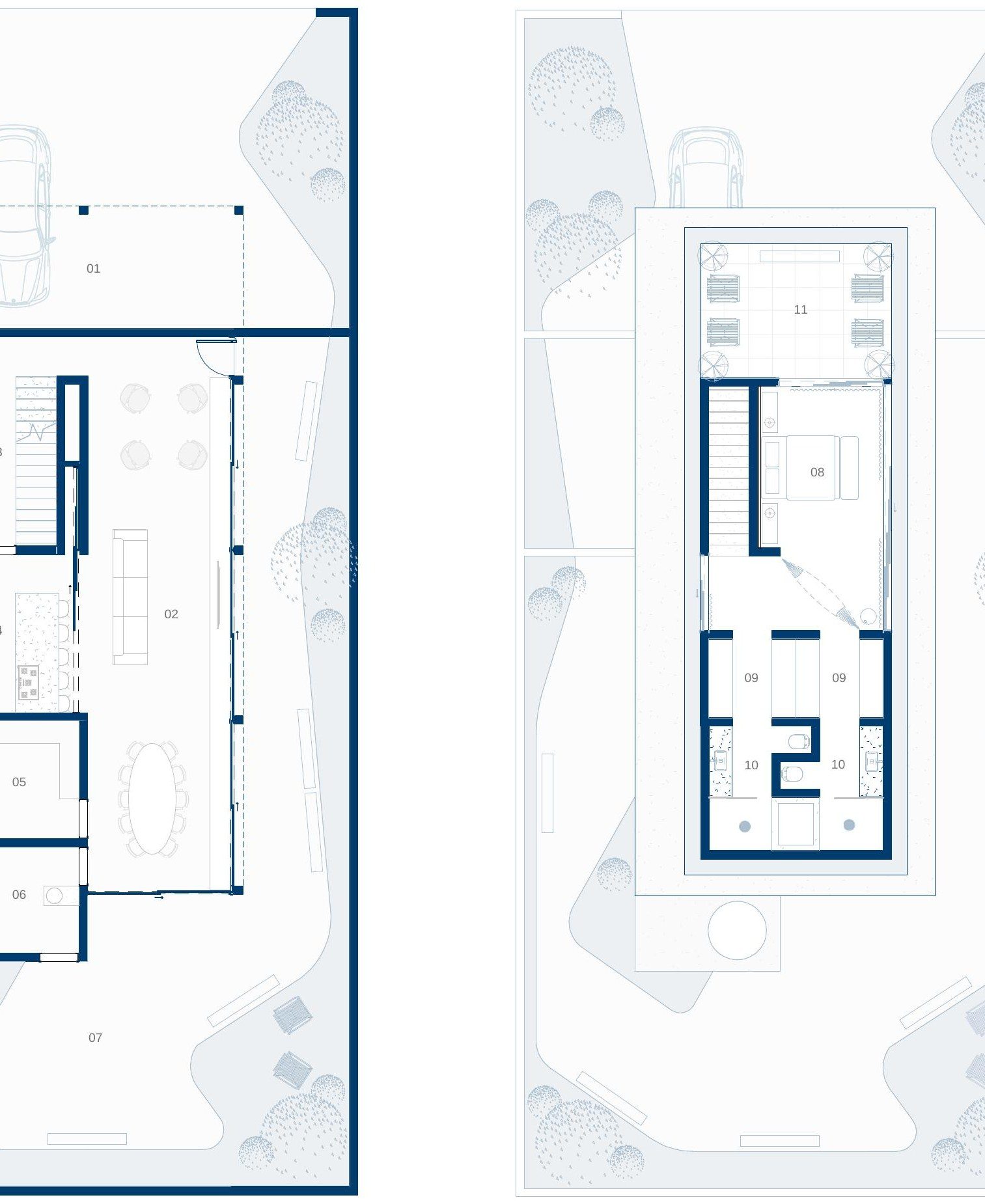 Plantas do térreo e do pavimento superior — social e íntimo separados por nível (Revit)