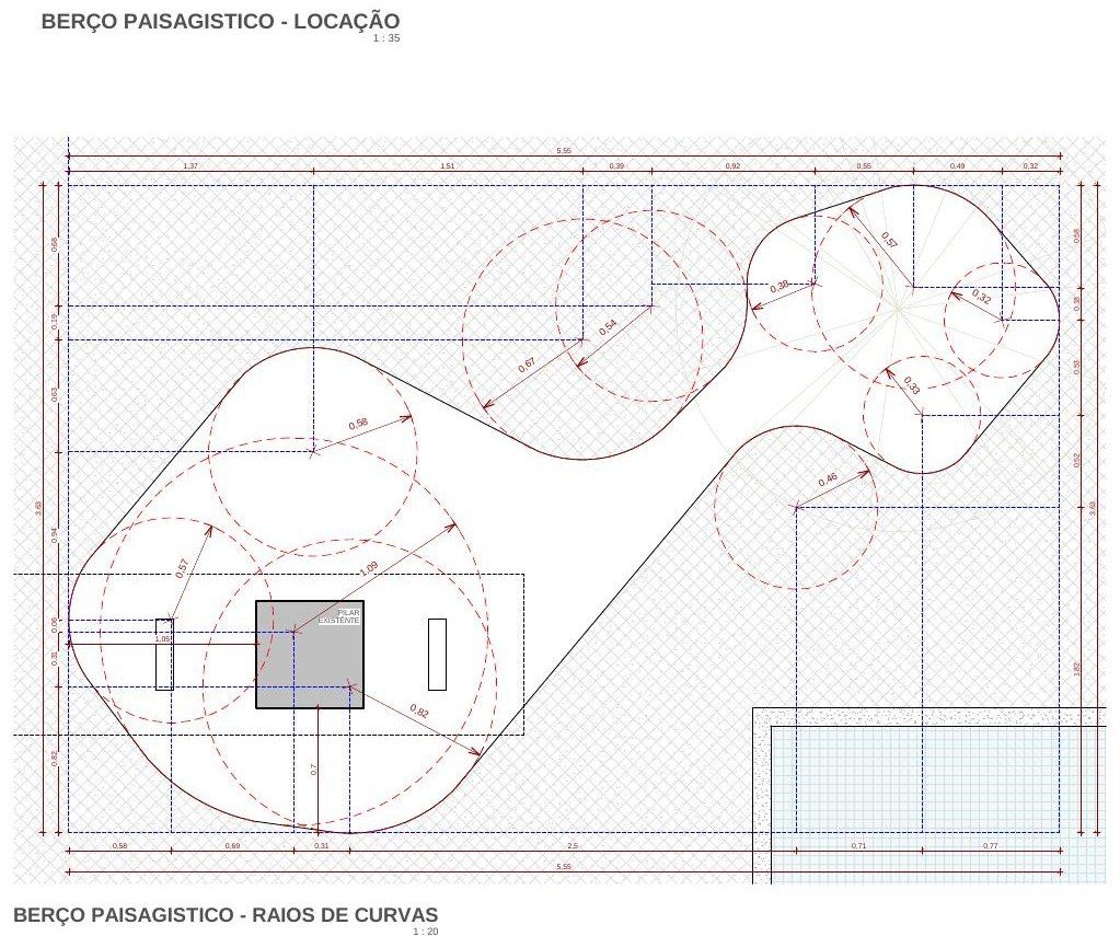 Berço paisagístico — locação e raios de curvas (Revit)
