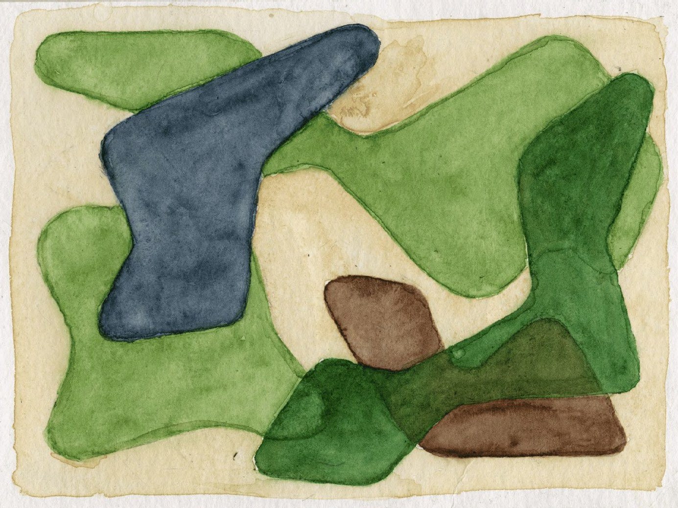 Estudo em aquarela do paisagismo da Casa Lisa — formas orgânicas de canteiros em verdes e azul