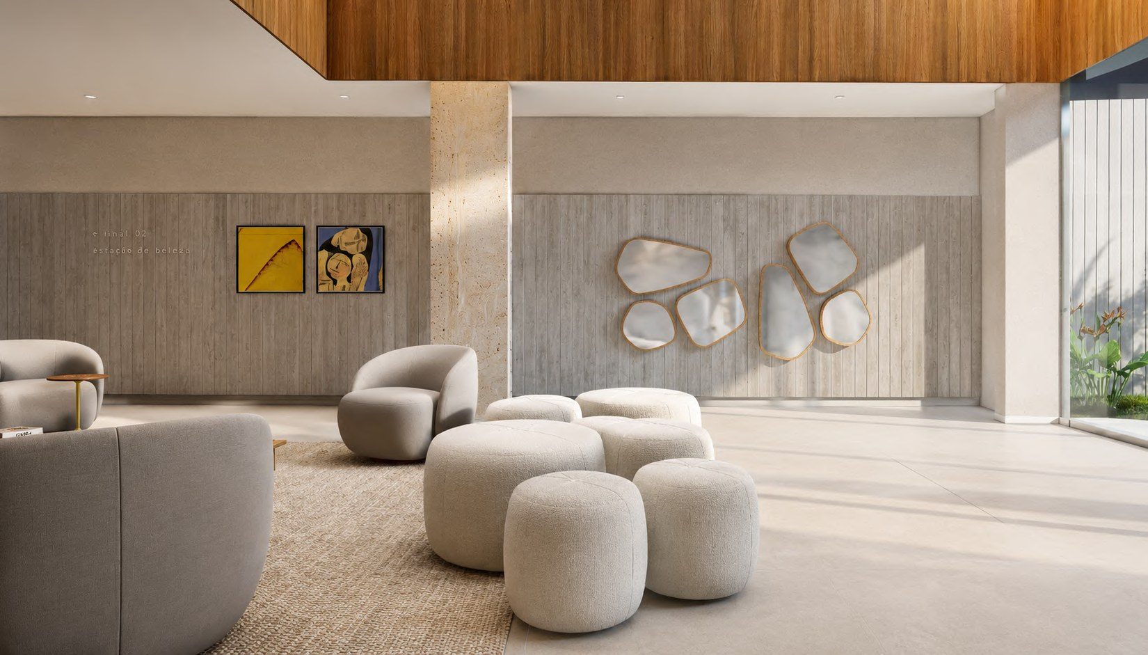 Lobby do MCentral Park com revestimento em madeira e mobiliário curvo