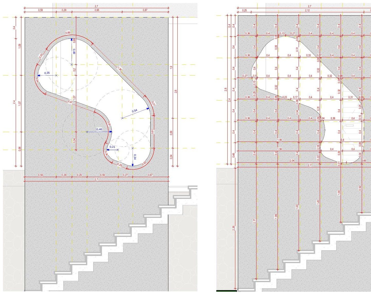Detalhamento da abertura orgânica em alvenaria — vistas de raios e malha construtiva (Revit)