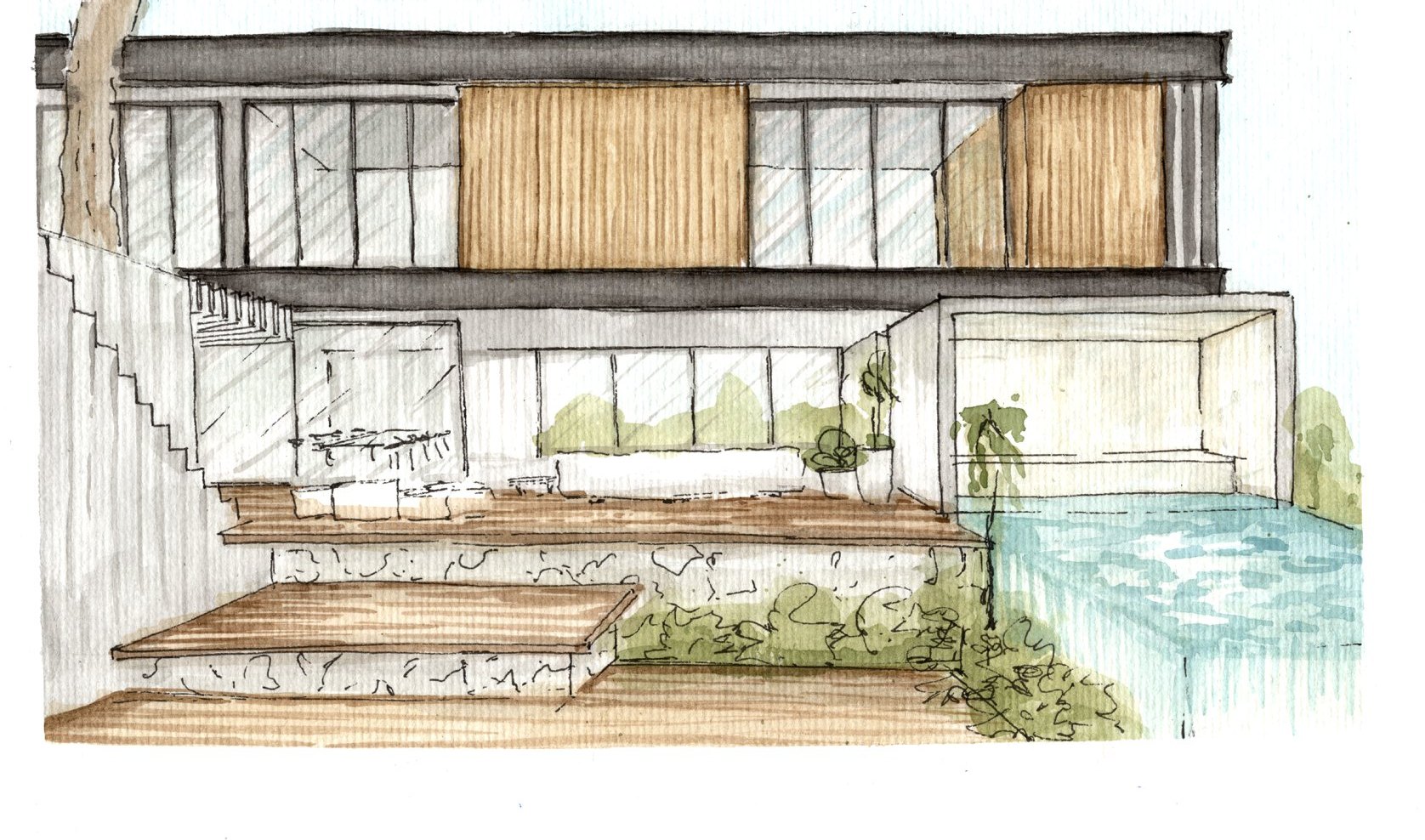 Croqui em aquarela da Casa Tau — pátio interno com piscina e brises