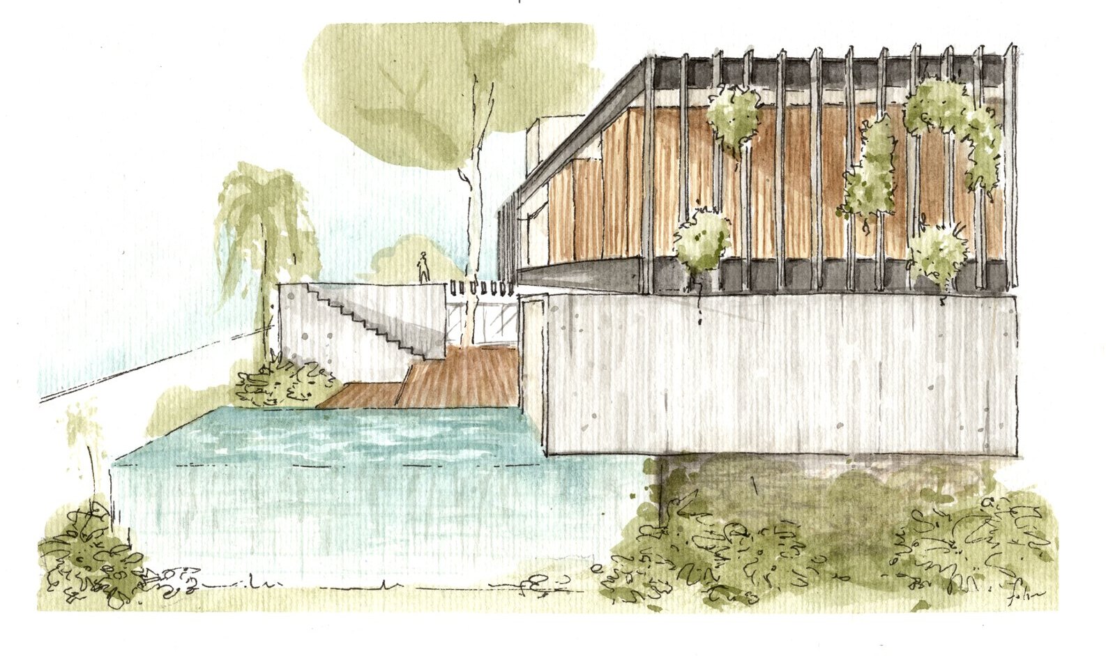 Croqui em aquarela da Casa Tau — piscina e deck em madeira