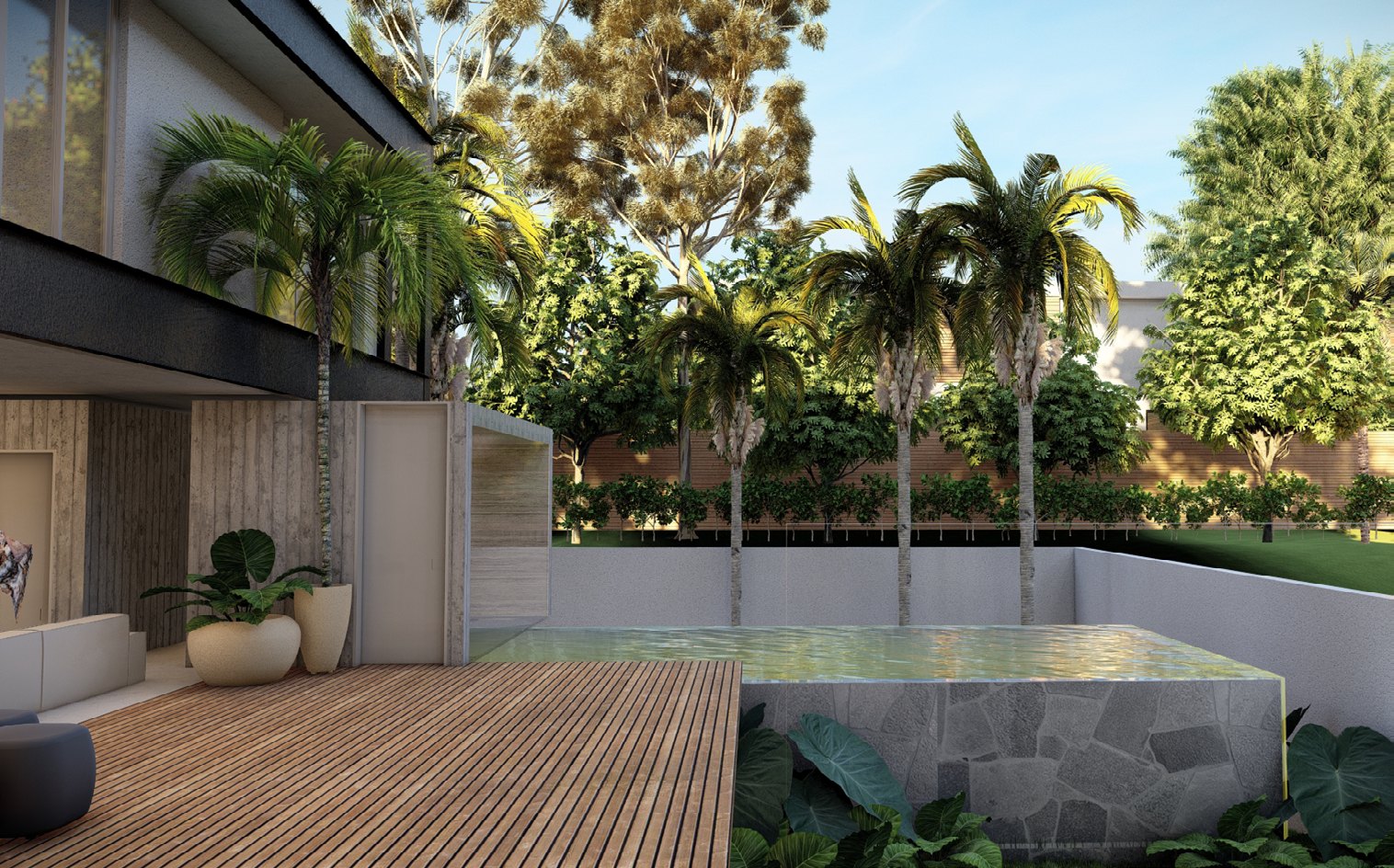 Deck em madeira com spa de pedra junto ao jardim da Casa Tau