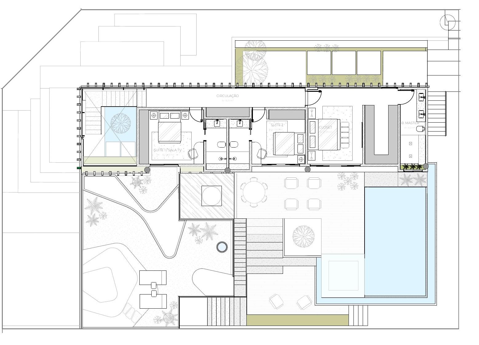 Planta do pavimento superior da Casa Tau — suítes, closet e banho master