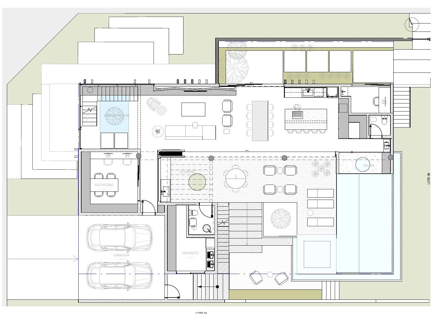 Planta do pavimento térreo da Casa Tau — living, gourmet, escritório, garagem e piscina