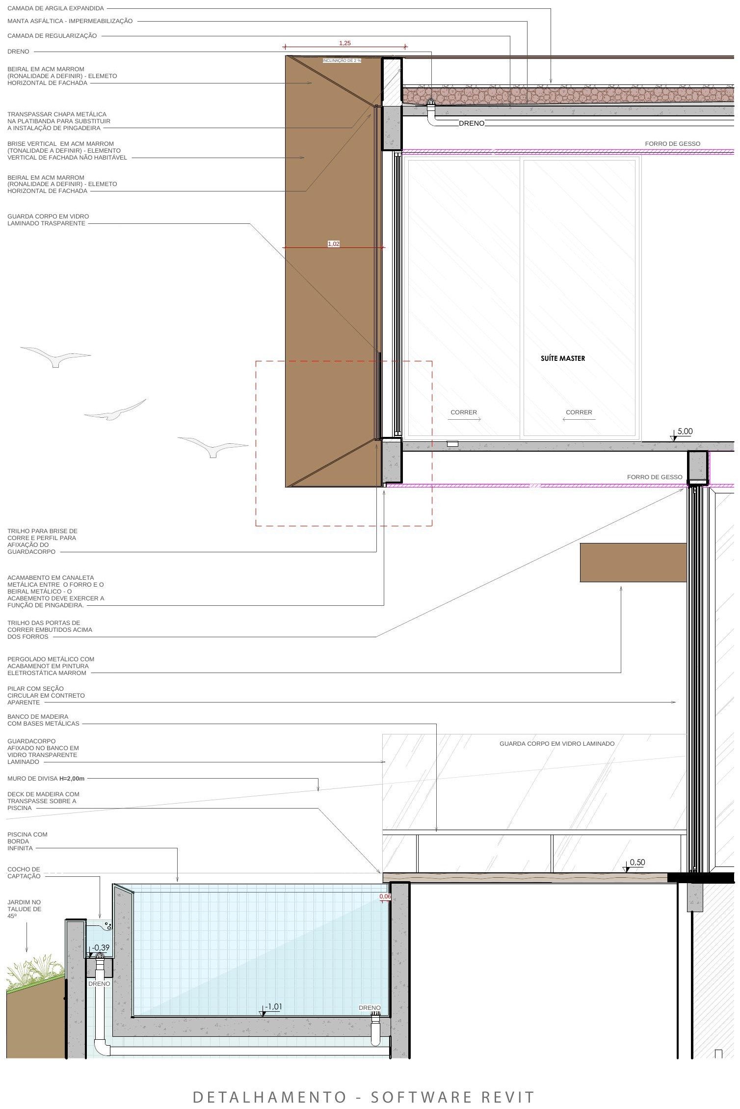 Corte de detalhamento — suíte máster, brises em ACM e piscina de borda infinita (Revit)